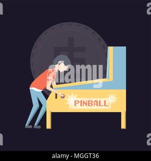 Ragazzo giocare a flipper arcade machine su sfondo nero, design colorato. illustrazione vettoriale Illustrazione Vettoriale