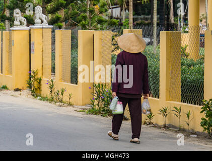Donna vietnamita a piedi a casa dopo lo shopping nel mercato per la sua prima colazione fornisce Foto Stock