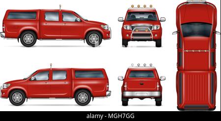 Pickup truck vector mock-up. Modello di isolato di rosso pick up su bianco. Branding del veicolo mockup. Lato anteriore, posteriore, vista dall'alto. Facile da modificare e ricolorare Illustrazione Vettoriale