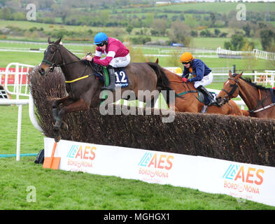 Guerriero ferito cavalcato da Sean Flanagan (sinistra) jumping prima di andare a vincere l'Handicap BoyleSports siepi durante il giorno cinque del Festival di Punchestown 2018 a Punchestown Racecourse, nella contea di Kildare. Foto Stock