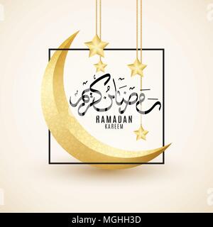 Biglietto di auguri su Ramadan Kareem. Golden Crescent di lusso. Islamico ornamento geometrico. Golden 3d stelle appendere nel telaio. Disegnata a mano la calligrafia. Ramaza Illustrazione Vettoriale