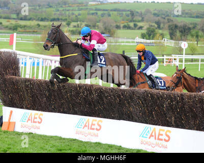 Guerriero ferito cavalcato da Sean Flanagan (sinistra) jumping prima di andare a vincere l'Handicap BoyleSports siepi durante il giorno cinque del Festival di Punchestown 2018 a Punchestown Racecourse, nella contea di Kildare. Foto Stock