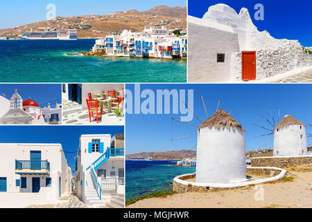 Collage di immagini dall'isola di Mykonos. Cicladi Grecia Foto Stock