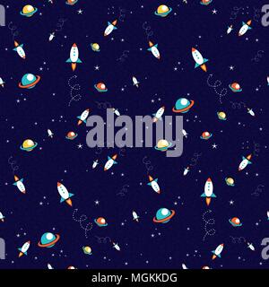 Cosmic seamless pattern di disegnati a mano i pianeti e rucola astronave. Lo spazio esterno galaxy background. EPS10 vettore. Illustrazione Vettoriale