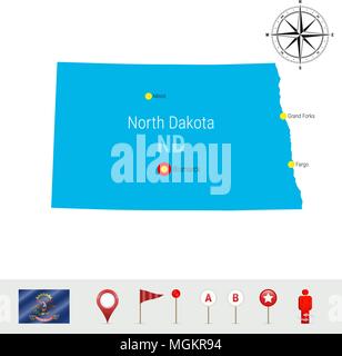 Il Dakota del Nord mappa vettore isolato su bianco. Alta Silhouette dettagliata del North Dakota e stato. Bandiera Ufficiale del North Dakota Illustrazione Vettoriale