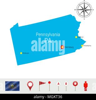 In Pennsylvania mappa vettore isolato su bianco. Alta Silhouette dettagliata dello stato della Pennsylvania. Bandiera Ufficiale della Pennsylvania Illustrazione Vettoriale