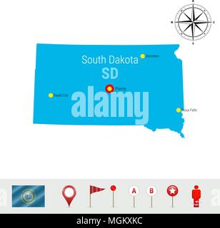 Dakota del Sud mappa vettore isolato su bianco. Alta Silhouette dettagliata del Sud Dakota Stato. Bandiera Ufficiale del Dakota del Sud Illustrazione Vettoriale