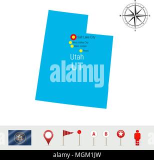 Utah mappa vettore isolato su sfondo bianco. Alta Silhouette dettagliata dello stato dello Utah. Bandiera Ufficiale dello Utah Illustrazione Vettoriale