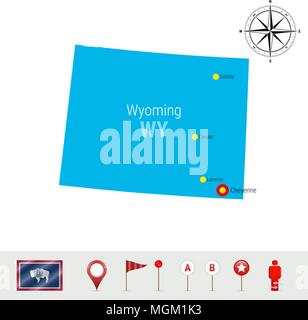 Wyoming mappa vettore isolato su sfondo bianco. Alta Silhouette dettagliata dello stato del Wyoming. Bandiera Ufficiale del Wyoming Illustrazione Vettoriale