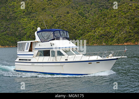 A motore di lusso di crociera di lancio in Queen Charlotte Sound, Marlborough, Nuova Zelanda Foto Stock