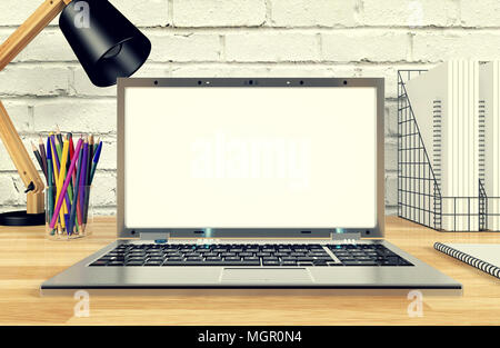 Computer notebook display per mock up sul tavolo di lavoro, rendering 3D Foto Stock