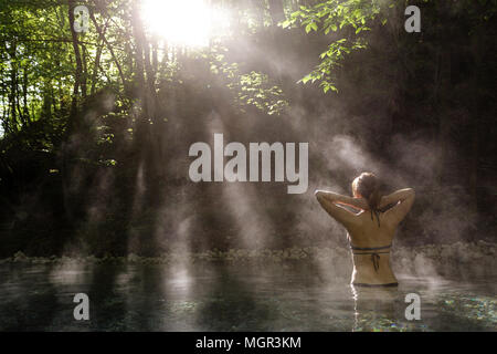 Giovane donna in bikini in piedi in una piscina naturale d'acqua calda nella foresta con retroilluminazione e di vapore intorno a lei, Maibachl, Austria. Foto Stock