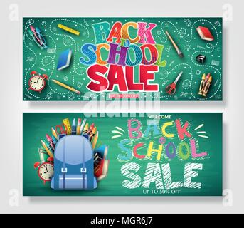 Si torna a scuola Banner orizzontale impostato con colorate modellato il testo in verde sullo sfondo della lavagna per scopi promozionali Illustrazione Vettoriale