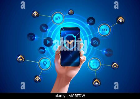 Smartphone è protetto da attacchi di hacker, protetti da virus e spam e antivirus. Mano trattiene smartphone. Icona dello scudo sullo schermo smart phone. Mob Illustrazione Vettoriale