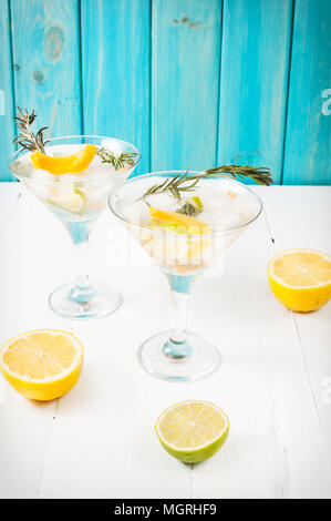 Il Gin,limone, rosmarino fizz, cocktail con miele e erbe aromatiche fresche su uno sfondo bianco. Foto Stock