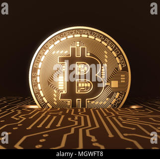 Mettere Bitcoin in Coin Slot sulla scheda a circuito stampato. 3D'illustrazione. Foto Stock
