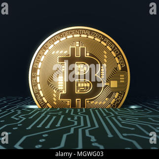 Mettere Bitcoin in gettoni blu sulla scheda di circuito stampato. 3D'illustrazione. Foto Stock