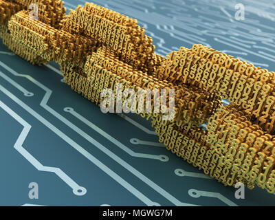 Concetto di Blockchain. Catena digitale di interconnessi 3D Numeri blu sulla scheda di circuito stampato. 3D'illustrazione. Foto Stock