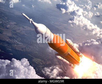 American Space Launch System volare sopra le nuvole. 3D'illustrazione. Foto Stock