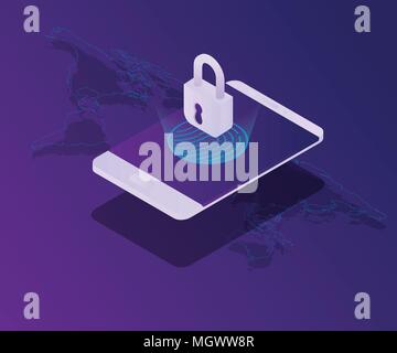 Cyber security lo schermo dello smartphone bloccato con impronte digitali isometrica del vettore Illustrazione Vettoriale