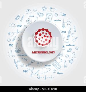 Le icone per le specialità mediche. Concetto di microbiologia. Illustrazione Vettoriale con disegnati a mano medicina scarabocchio. Illustrazione Vettoriale