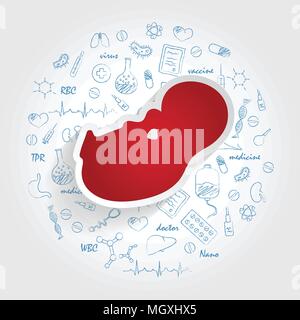 Le icone per le specialità mediche. Neonatologia e concetto di bambino. Illustrazione Vettoriale con disegnati a mano medicina scarabocchio. Illustrazione Vettoriale