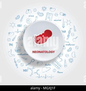 Le icone per le specialità mediche. Neonatologia concetto. Illustrazione Vettoriale con disegnati a mano medicina scarabocchio. Illustrazione Vettoriale