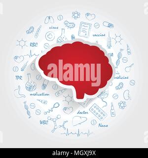 Le icone per le specialità mediche. Neurologia e concetto di cervello. Illustrazione Vettoriale con disegnati a mano medicina scarabocchio. Illustrazione Vettoriale