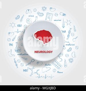 Le icone per le specialità mediche. Concetto di neurologia. Illustrazione Vettoriale con disegnati a mano medicina scarabocchio. Illustrazione Vettoriale
