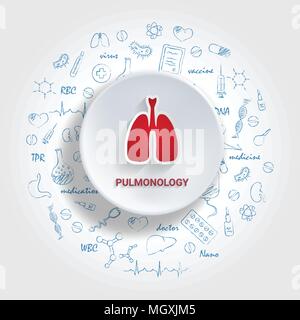 Le icone per le specialità mediche. Pulmonology concetto. Illustrazione Vettoriale con disegnati a mano medicina scarabocchio. Illustrazione Vettoriale
