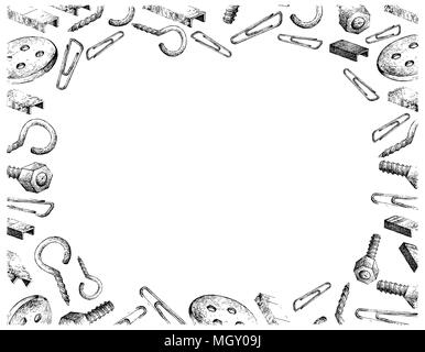 La produzione e l'industria, illustrazione Telaio del lato Bozzetto di avvitare la vite, occhio, Striscia di fiocco, la graffetta e pulsante di abbigliamento su bianco Backgro Foto Stock