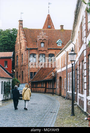 RIBE Danimarca a sud-ovest dello Jutland più antica città in Danimarca ha stabilito in 860.vecchi edifici in mattoni lungo una delle strade tortuose Foto Stock
