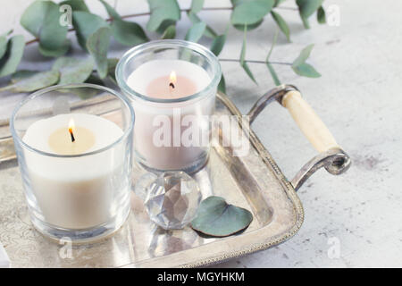 Eco naturale home decor con foglie verdi e candele accese sul vassoio Foto Stock