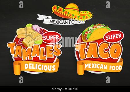 Set di tradizionale cibo messicano logo, emblemi, etichetta alimentare o un adesivo. Tamales,Taco logo, adesivo, prodotto tradizionale design per negozi, mercati.vettore Illustrazione Vettoriale