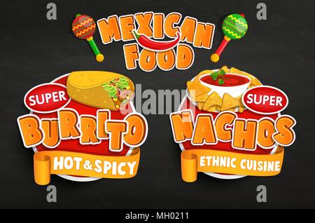 Set di tradizionale cibo messicano emblemi, etichetta alimentare o un adesivo. Burrito, Nachos logo, adesivo, prodotto tradizionale design per negozi, mercati.Vettore. Illustrazione Vettoriale
