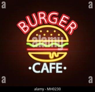 Insegna al neon di burger cafe, cartello luminoso, luce banner. Burger cafe logo, emblema e simbolo. Illustrazione Vettoriale. Illustrazione Vettoriale