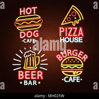 Set di insegne al neon di birra bar, hot dog cafe, pizza house, burger cafe cartello luminoso, luce banner. Neon loghi, emblemi e simboli. Vettore. Illustrazione Vettoriale