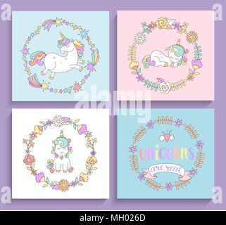 Set di magica unicorns carte con cerchio cornici e scritte. Illustrazione Vettoriale per la stampa, biglietti di auguri e altre il vostro design. Illustrazione Vettoriale