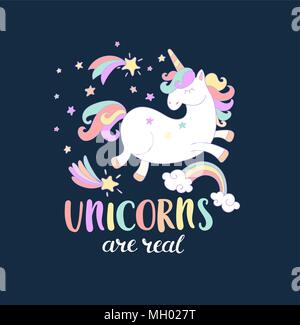 Lettering Unicorn sono reali con stelle, rainbow e stelle cadenti. Illustrazione Vettoriale per la progettazione, la stampa. Illustrazione Vettoriale