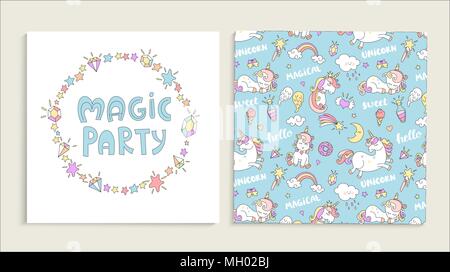 Schede per magic party . Vector Seamless pattern con unicorns, ciambelle, rainbow, cuori e altri elementi. Illustrazione Vettoriale