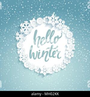 Ciao winter greeting card con caratteri. Nevicata sfondo. Illustrazione Vettoriale. Illustrazione Vettoriale