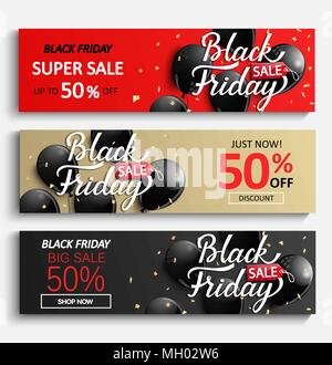 Imposta di vendita banner per venerdì nero. Nero, oro e rosso auto scontate con palloncini lucido e brillantini dorati. Illustrazione Vettoriale. Illustrazione Vettoriale