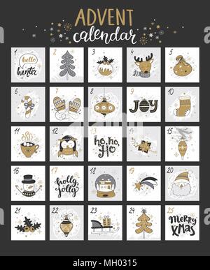 Felice Natale calendario dell'Avvento con diversi simboli di natale per il vostro design. Illustrazione Vettoriale. Illustrazione Vettoriale