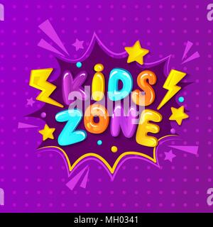 Kids Zone banner, emblema o il logo in stile cartoon. Posto per il divertimento e il gioco. Illustrazione Vettoriale. Illustrazione Vettoriale