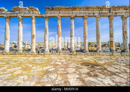 Un grande porticato a Apamea, il colonnato principale viale della città antica di Apamea in Orontes River Valley nel nordovest della Siria. Foto Stock