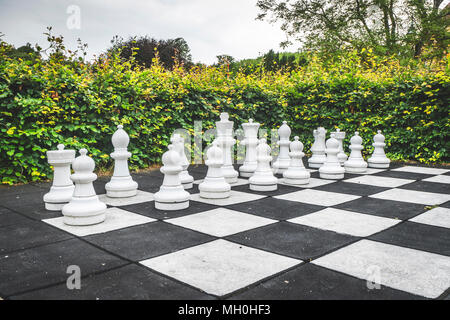 Grande gioco di scacchi in un parco in primavera con una grande siepe verde Foto Stock