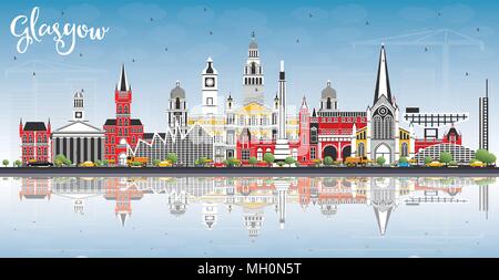 Glasgow Scozia skyline della città con edifici di colore, cielo blu e riflessi. Illustrazione Vettoriale. Viaggi di affari e turismo Concept Illustrazione Vettoriale