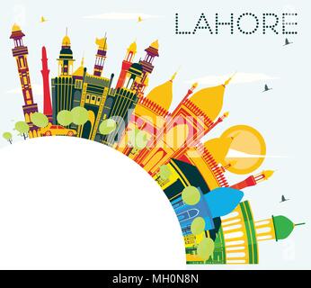 Lahore Skyline con punti di riferimento di colore, il blu del cielo e spazio di copia. Illustrazione Vettoriale. Viaggi di affari e turismo concetto con edifici storici. Lahore Illustrazione Vettoriale