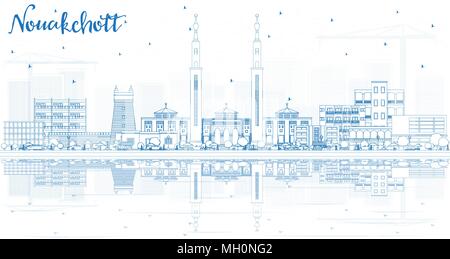 Delineare Nouakchott Mauritania skyline della città con edifici blu e riflessi. Illustrazione Vettoriale. Viaggi di affari e turismo Concept Illustrazione Vettoriale