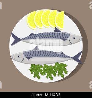 Pesci sulla piastra bianca con limone e erbe aromatiche. La cottura di sgombro. Vettore illustrazione piatta Illustrazione Vettoriale